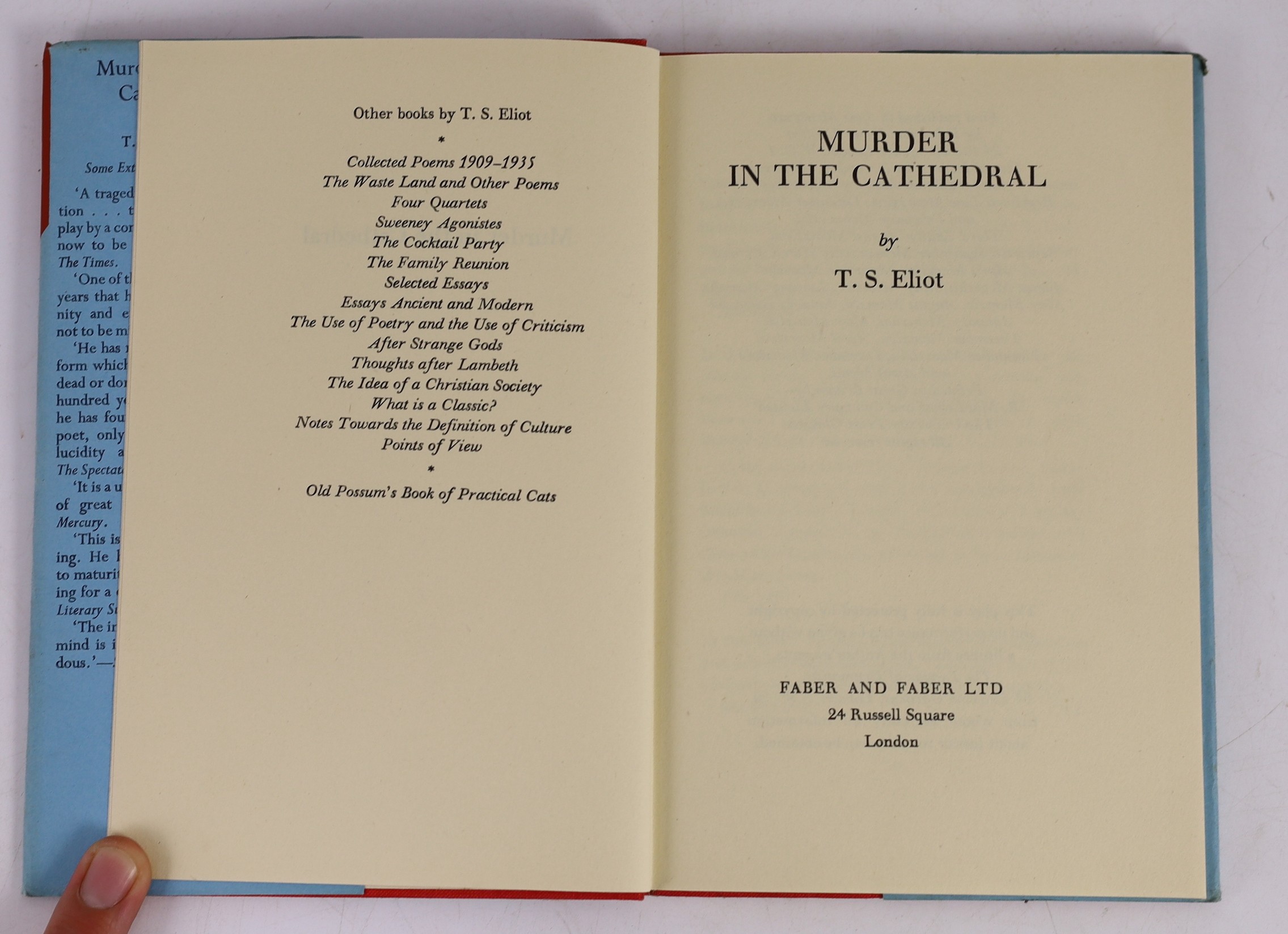 Brecht, Bertolt - Plays, vol. 1, 8vo, cloth with unclipped d/j, Glasgow, 1965 and Eliot, T.S - Murder in the Cathedral, 4th edition, 8vo, cloth with unclipped d/j, Faber and Faber, London, 1950 (2)